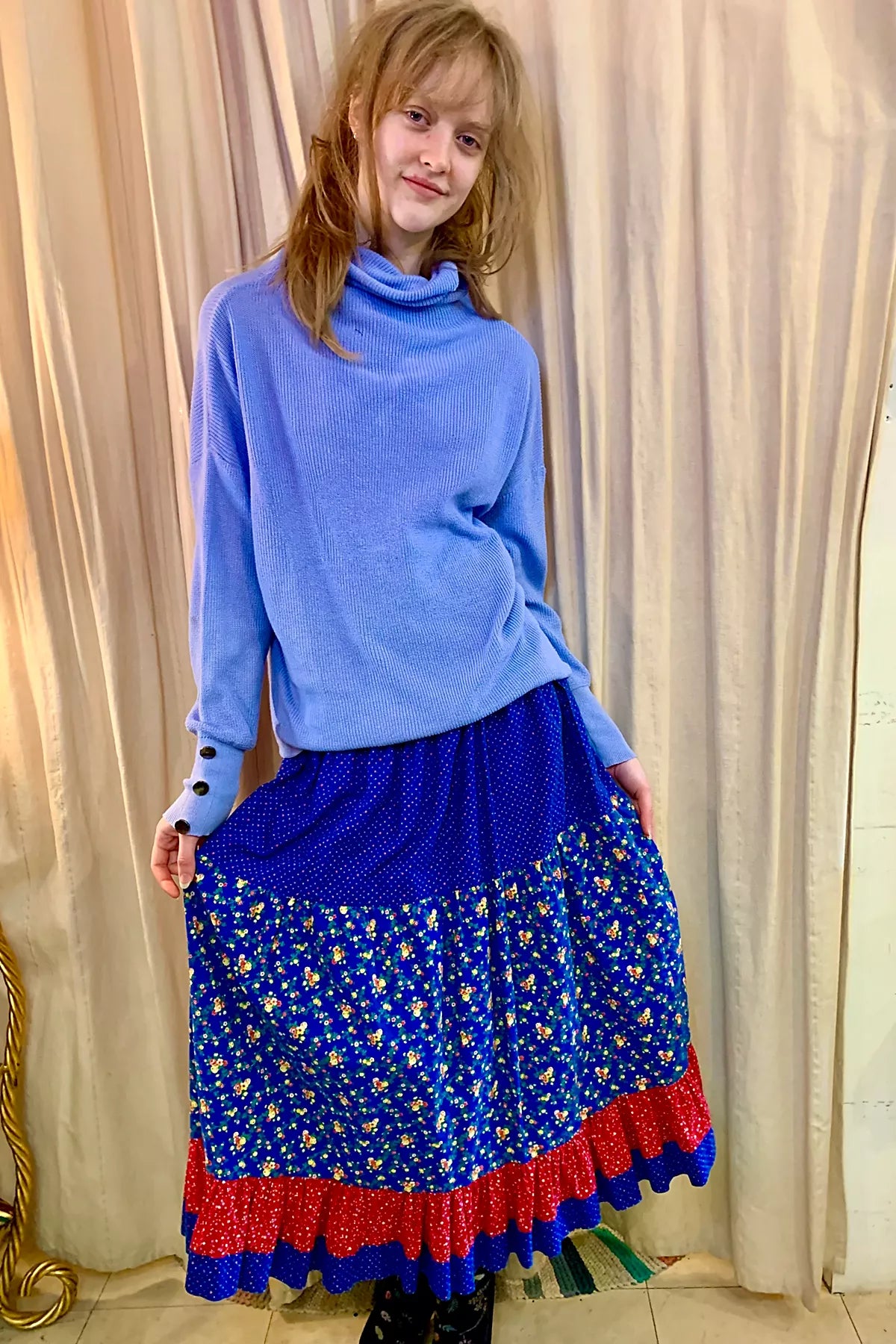 Vintage Blue Patchwork Print Ruffled Skirt Selected by Nomad Vintage