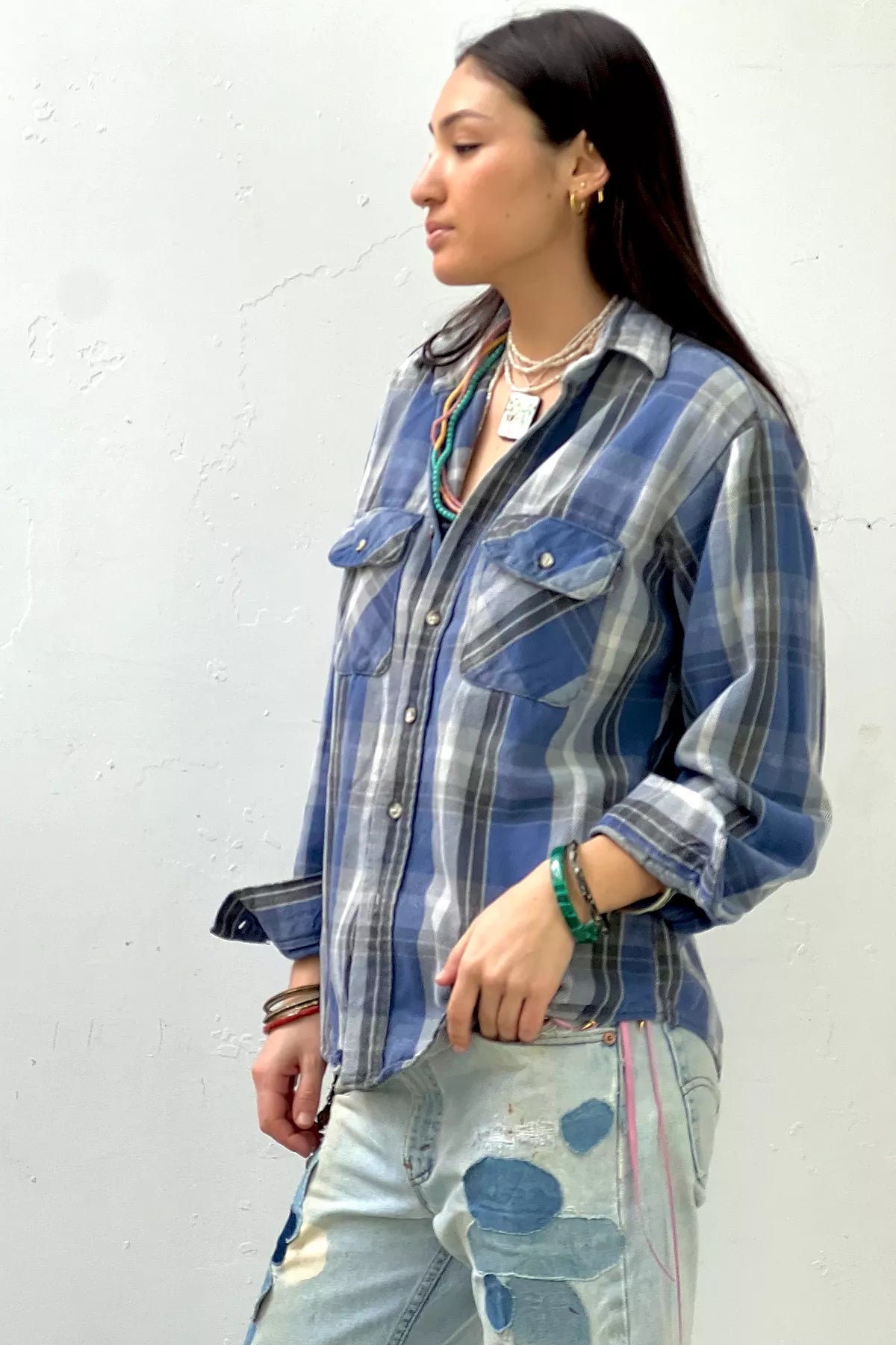 Vintage Blue Plaid Button Down Top Selected by Anna Corinna