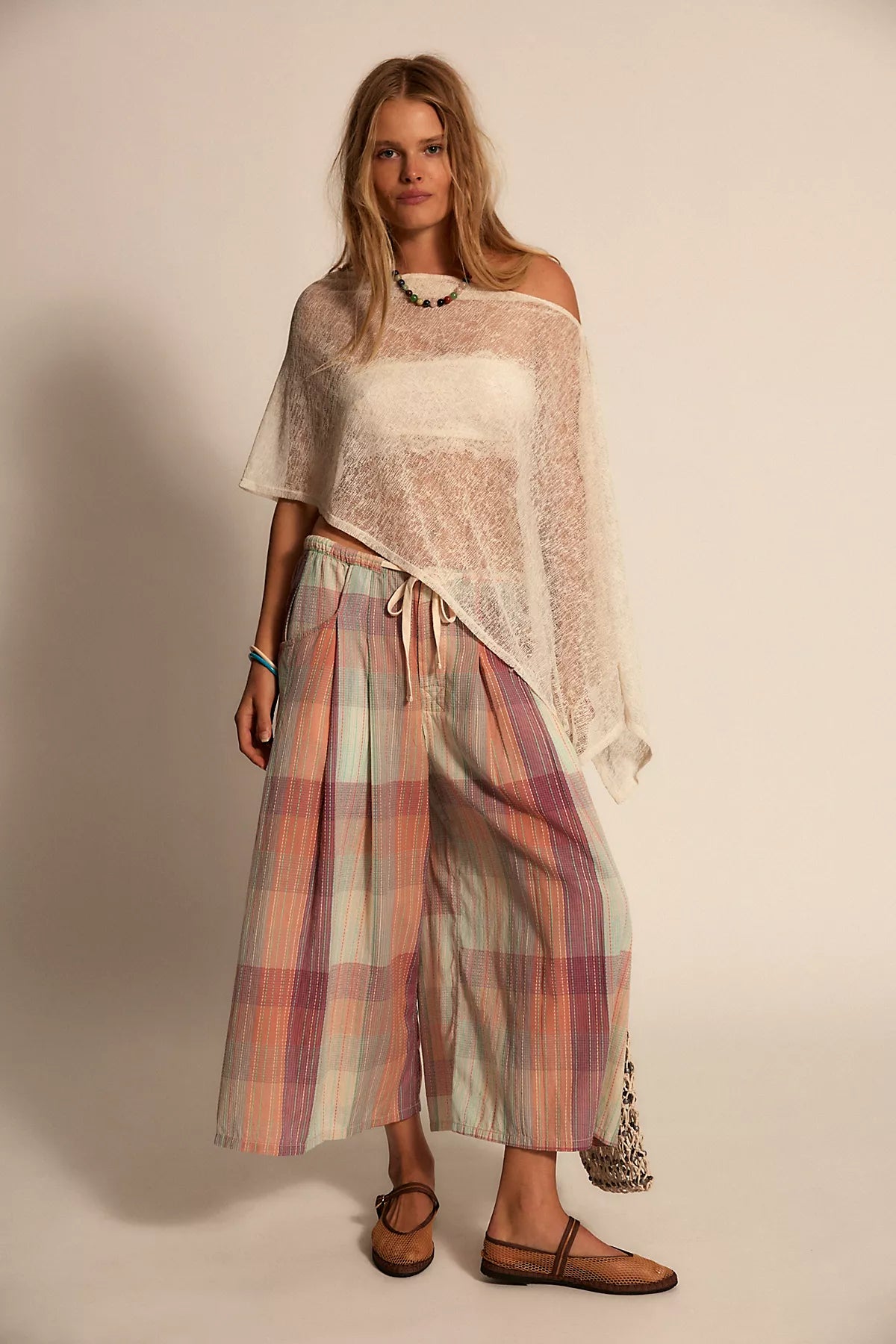 Telluride Wide-Leg Crop Pull-On Madras Pants