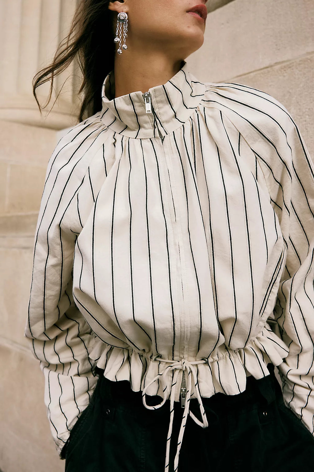 Devon Striped Balloon Funnel-Neck Jacket